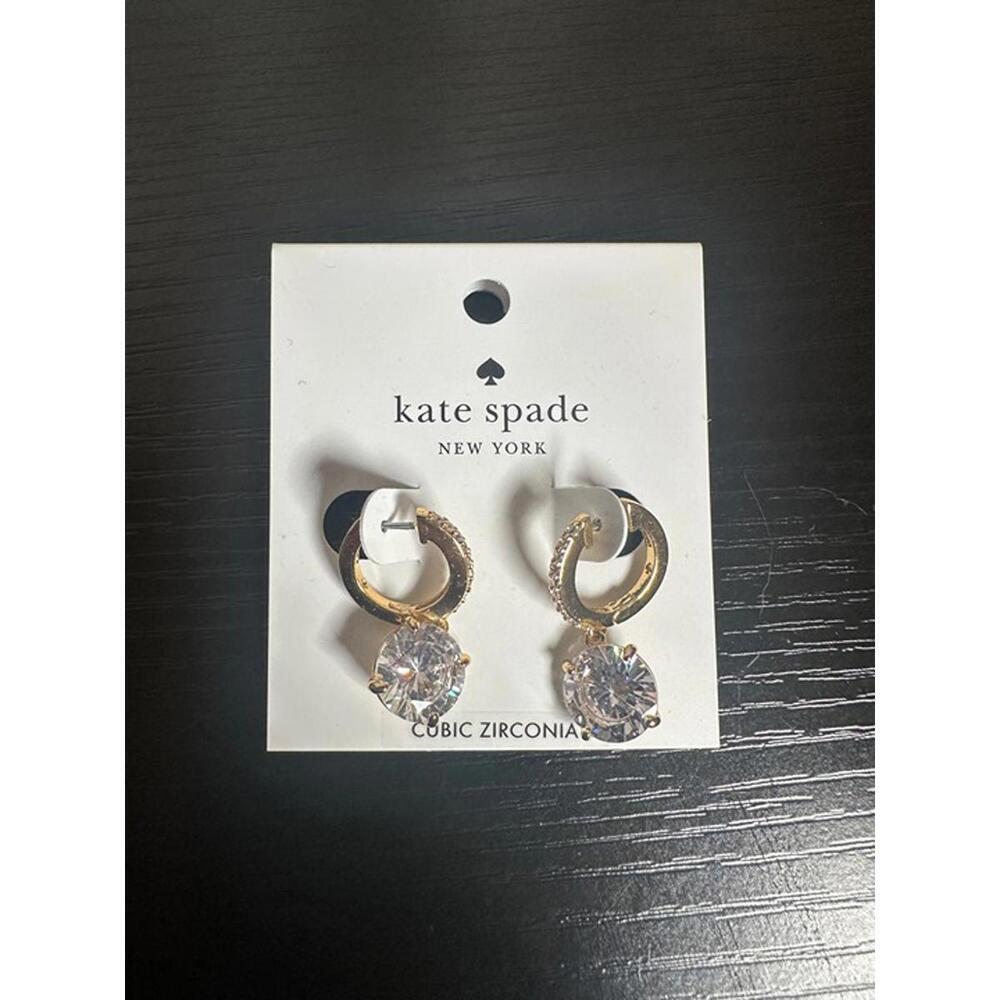 Kate Spade Cubic Zirconia Drop Hoop Earrings – Gold Tone, New on Card